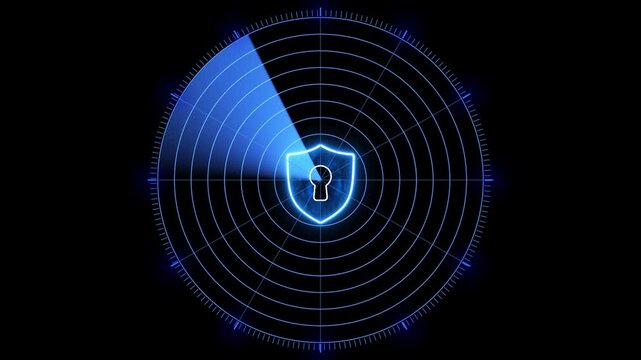 Cyber security radar scan with glowing shield and keyhole