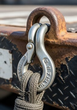 Close-up of a Heavy Duty Steel Towing Hook and Thick Braided Rope on a Rusty Industrial Trailer