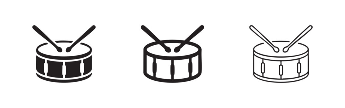 Snare Drum and Drumsticks Icon Set: Solid, Outline, and Line Art