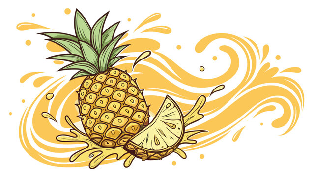 Fresh pineapple with fruit slice and golden juice wave illustration isolated on white background depicting healthy organic food lifestyle 