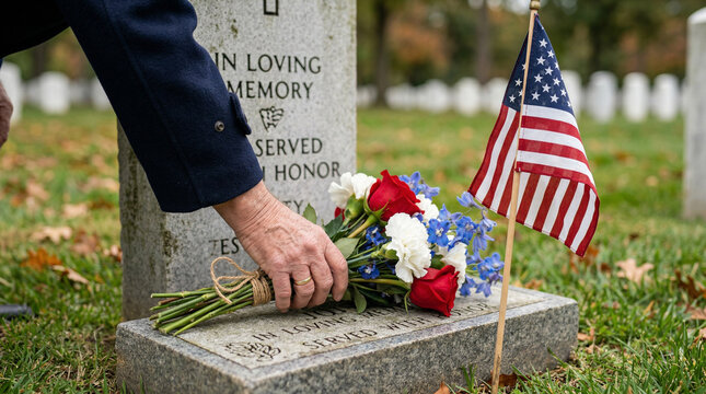 Memorial Day. Flowers and an American flag are placed at a veteran's grave. 