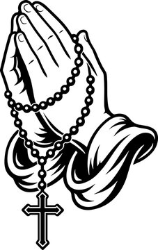 Praying hands with rosary svg, Religious cross vector line art, Catholic rosary tattoo design, Christian praying hands clipart, Memorial Cricut cut file vector