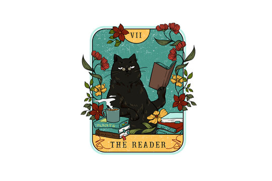 The Reader Black Cat Tarot Card Floral Sublimation Design