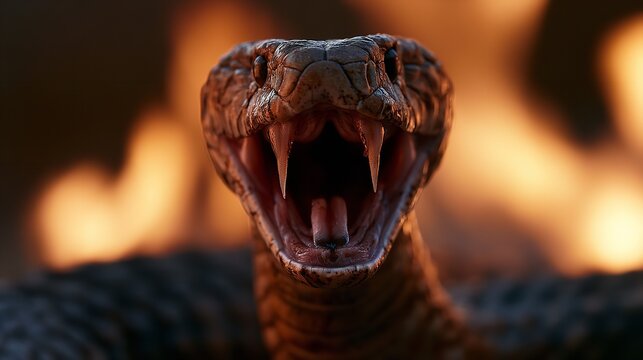 A frontal close-up shot captures a dangerous snake with its mouth fully agape to reveal fangs and tongue before a backdrop of intense blurred orange fire flames