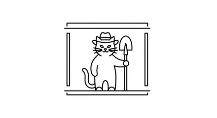 Fototapeta premium Cartoon Cat Cowboy with Shovel in Frame - Funny Animal Illustration