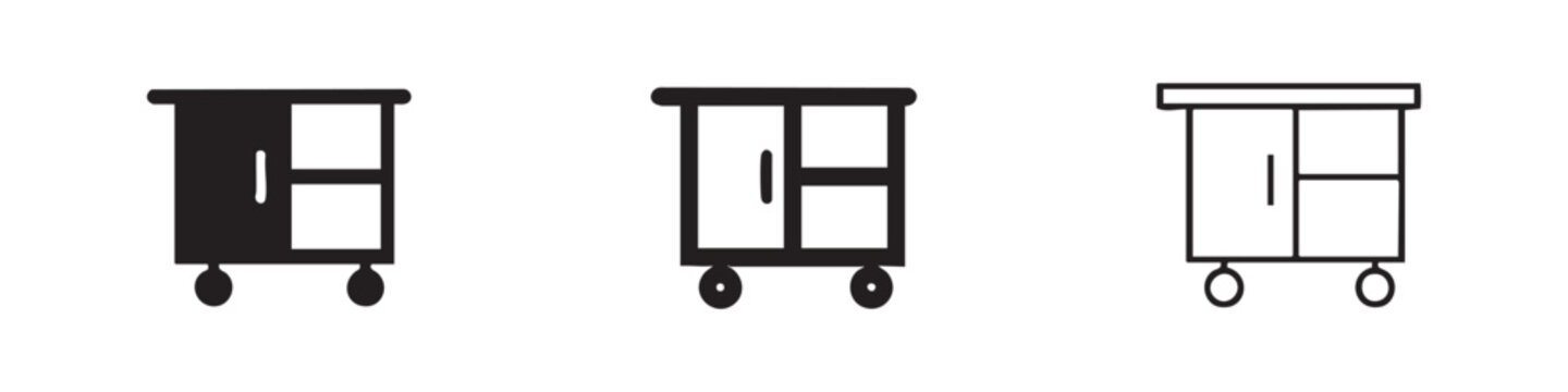Cabinet or storage unit icons on wheels, in solid fill, bold outline, and thin outline styles.