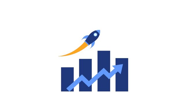 Animated rocket launching over growing bar graph