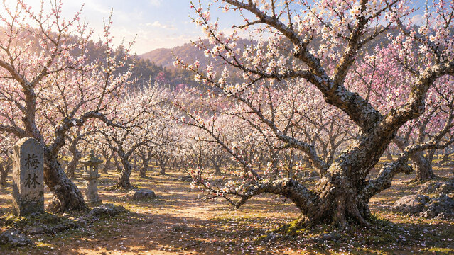 白梅と薄紅梅が咲き誇る早春の梅林と古木が広がる日本の風景