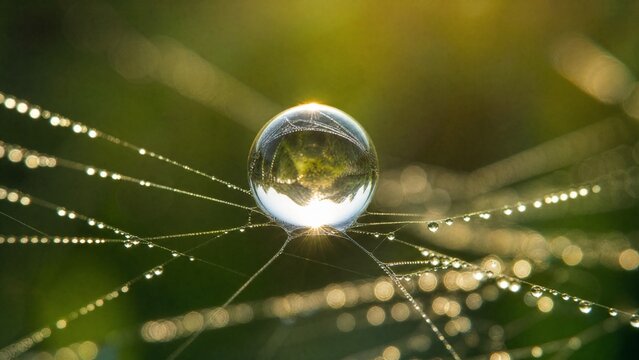 backlit. A dewdrop on a spiderweb at sunrise with soft backlight. wildlife magazines, conservation campaigns, designed for eco-tourism storytelling, celebrates biodiversity.