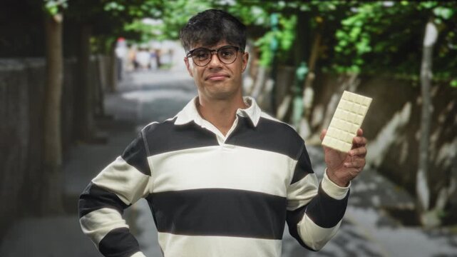 Young hispanic man holding a white chocolate bar up with his right hand and left hand on hip on a tree lined street; skepticism.