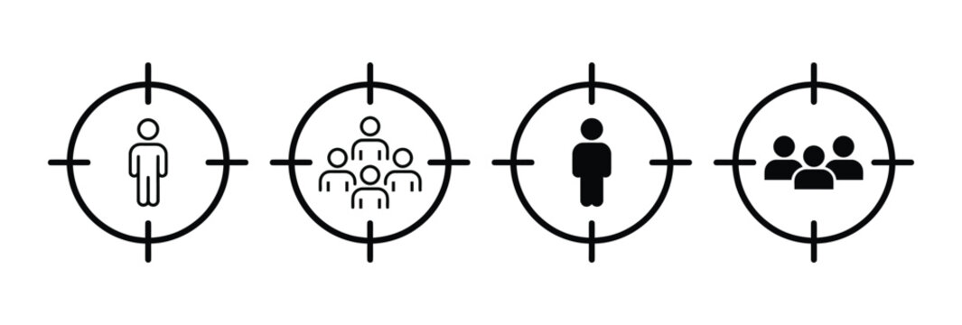 Target audience icon set representing individuals, groups, and segmentation in outline and solid variations