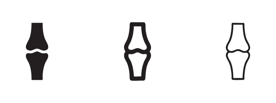 Human knee joint or leg bone structure icon set in solid, outline, and line art styles
