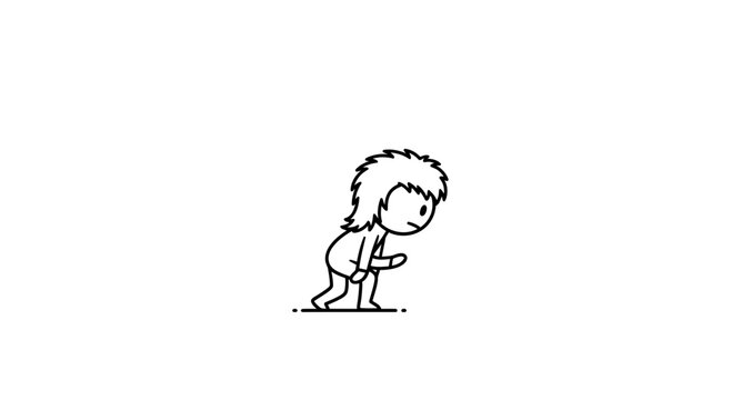 Cartoon caveman character running, simple line art animation, white background