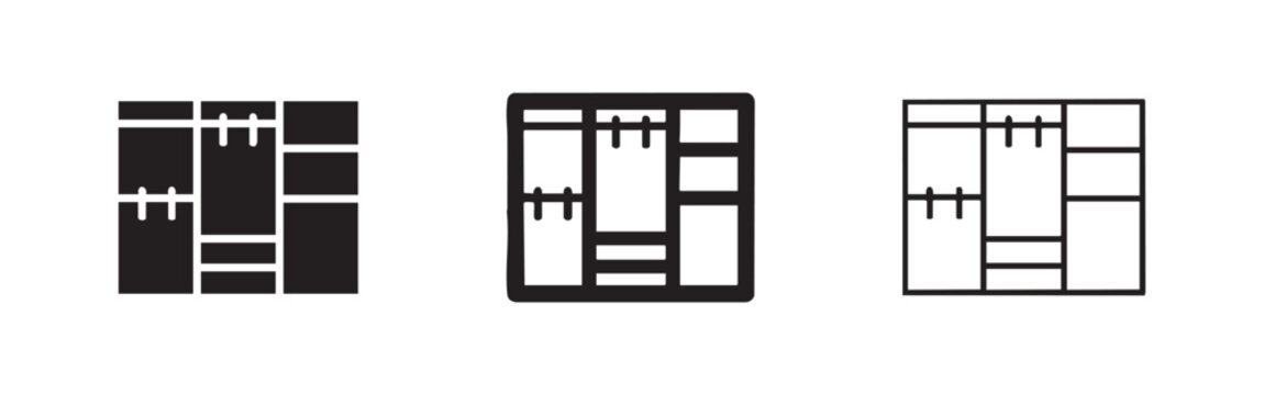 Closet organizer or shelving unit icon set. Modular storage and wardrobe symbol.