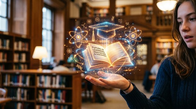 Female Student Visualizing Future of Education with Glowing Holographic Book in Library