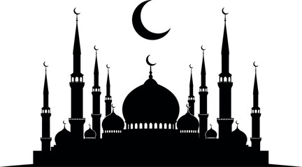 Islamic Mosque Building Silhouette with Elegant Domes Tall Minarets and Crescent Moon for Ramadan Kareem Eid Mubarak and Religious Cultural Graphic Designs © Md