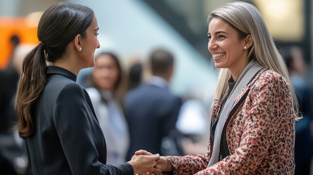 Female diplomats shaking hands at international conference in outdoor setting, professional and friendly interaction