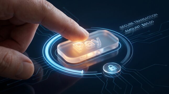Finger Pressing Glowing Holographic Pay Button for Secure Digital Transaction