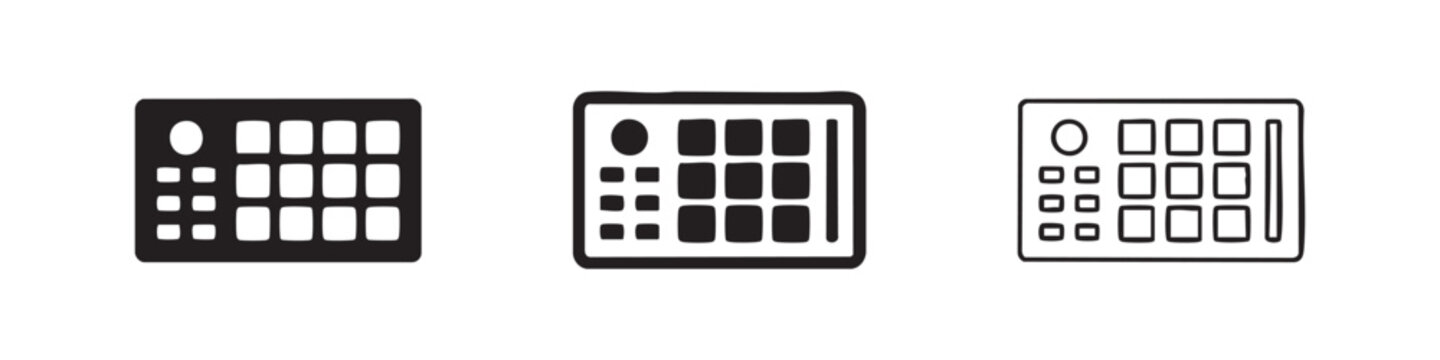 MIDI Pad Controller and Music Production Icons, Professional Electronic Audio Hardware Symbols for Beatmaking