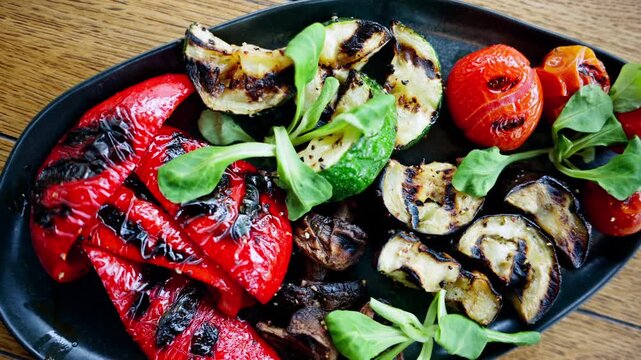 Plate of delicious grilled vegetables including red bell peppers zucchini mushrooms and tomatoes.