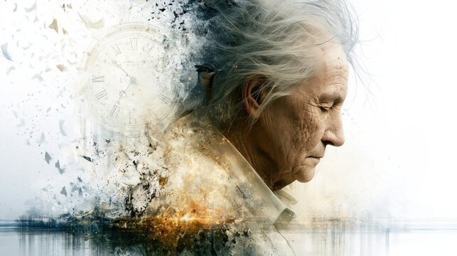 Elderly woman's head fragmenting, depicting memory loss, aging, and the concept of fading time with a ghosted clock