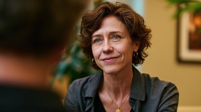 A middle-aged woman with textured curly brown hair and gold hoop earrings smiles warmly at an unseen person during an intimate conversation in a brightly lit room