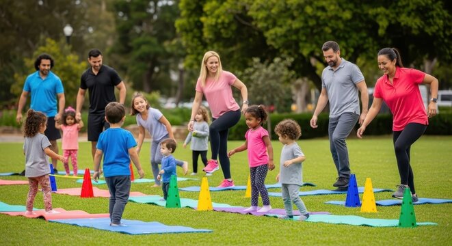 Outdoor family fitness class for children and adults, led by instructor in a park setting with mats and cones