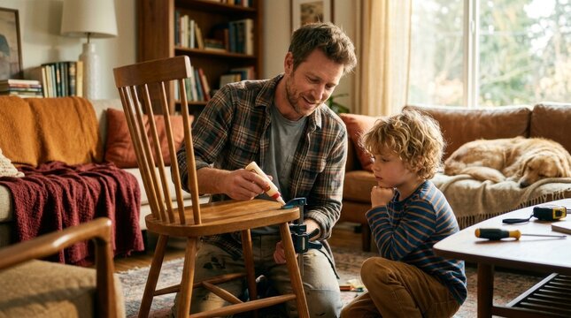 Father-son bonding moment cozy living room diy project family relationship cherished memory