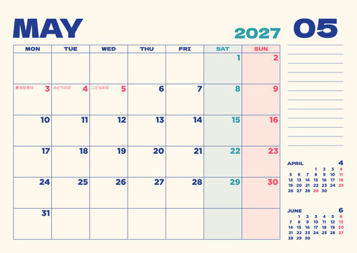 2027年卓上カレンダー：5月、日本の祝日入り、月曜始まり