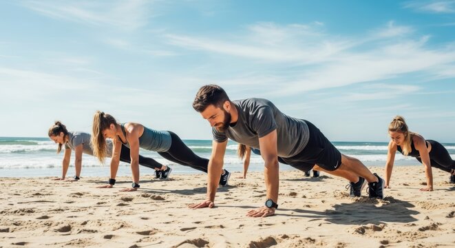 Group of friends participating in a beach workout session performing pushups by the ocean