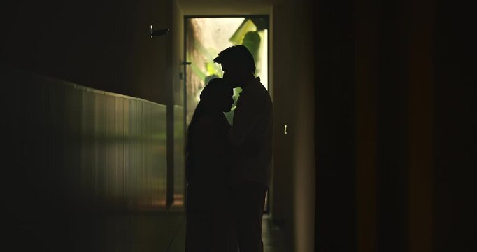 Indian young adult gen z male hold female hand kiss her forehead do hug cuddle indoor living room. man woman couple pair standing close spend quality time enjoy show love care inside dark home place
