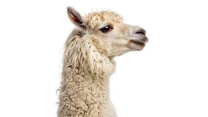 A close up profile portrait of a fluffy white alpaca llama livestock animal isolated on transparent background cut out © AAAstock2025