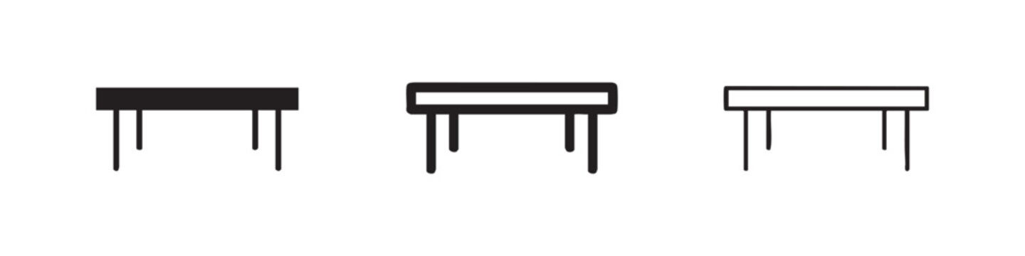 Portable or camping table icon set in solid, outline, and line styles.