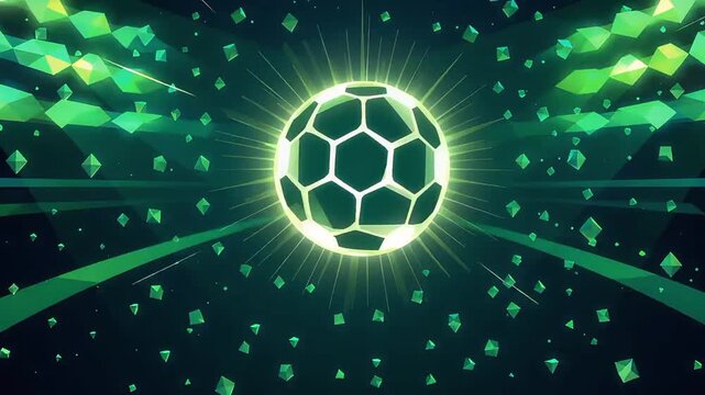 Abstract glowing soccer ball motion background with dynamic green stadium lights seamless flat vector sports animation modern energetic football loop design for digital broadcast presentation wallpape