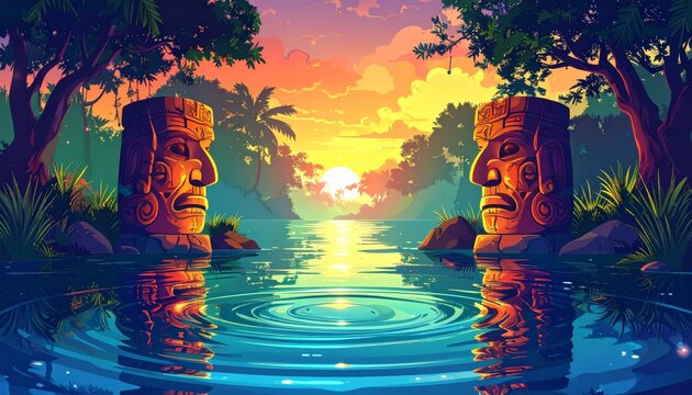 Mysterious Easter Island Moai heads at sunset.