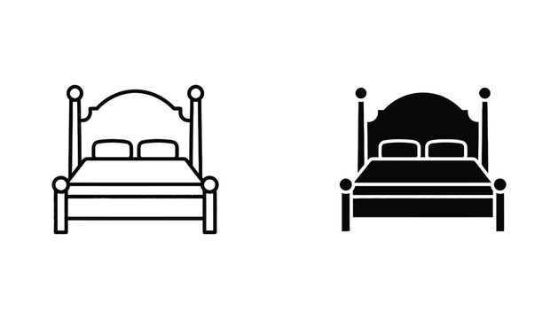 Classic double bed icon set for furniture and interior design concepts in clean outline and solid black vector illustration