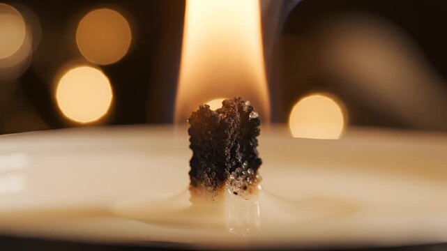 Close up of a burning candle wick with bokeh lights in the background.