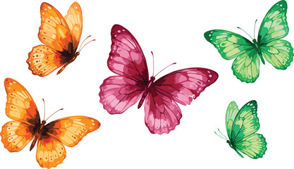 Beautiful watercolor butterfly vector collection featuring colorful insects in orange pink and green shades isolated on white background © Aysha