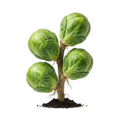 Fototapeta premium Fresh green Brussels sprouts growing on a small plant with soil isolated on white background