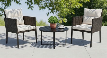 Fototapeta premium Modern outdoor wicker furniture set with a small round table and potted plant