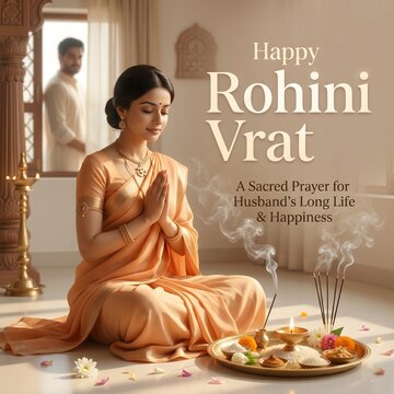 Woman in peach sari praying with incense and flowers for rohini vrat a sacred hindu ritual