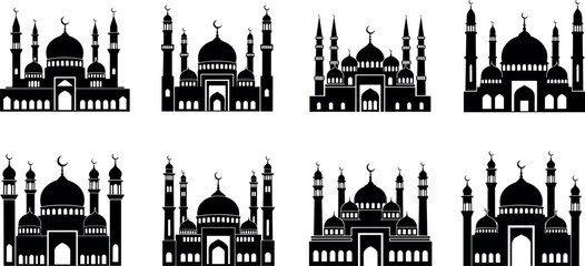 Islamic Mosque Silhouette Icon Set with Traditional Domes and Minarets for Ramadan Kareem Eid Mubarak and Religious Cultural Graphic Designs © Md