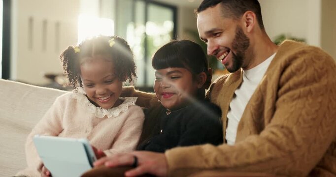 Father, children and relax with tablet on sofa for streaming, funny movie and laugh in living room. People, dad and child with tech for film subscription, smile or application at happy family house