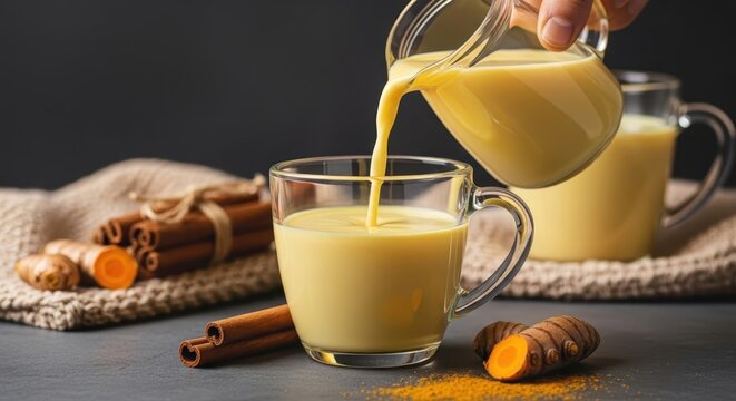Golden milk being poured into a clear glass mug with turmeric root and cinnamon sticks nearby