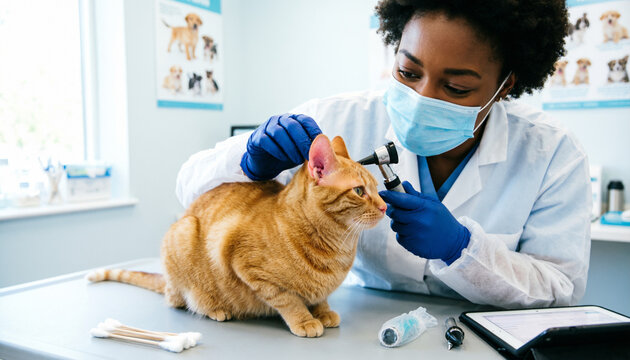 Examination of the ears of a domestic cat by a veterinarian (African-American) in a clinic, professional treatment of animals, caring treatment of animals, trusting relationships, veterinary care of a
