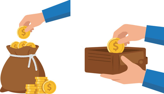 Hand Putting Gold Coins in Money Bag and Wallet Collection for Finance, Savings, Investment, Banking, and Business Illustration Designs