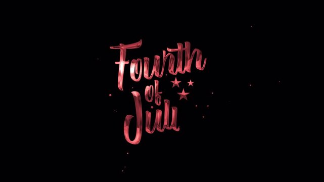 Happy fourth of july shiny red metallic text script letters with stars on black background suitable for patriotic designs and celebrations. Independence day USA