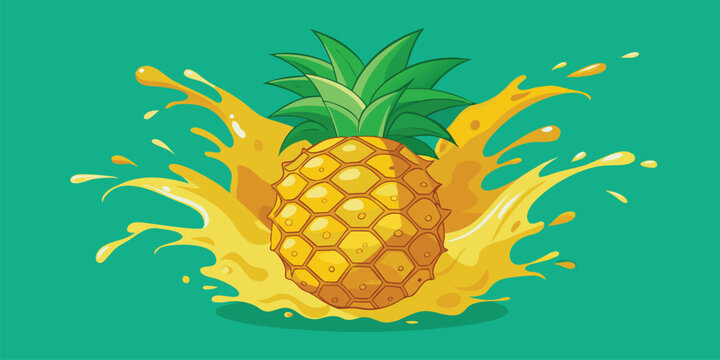 Tropical pineapple fruit with fresh leaves splashing in bright orange juice on green background featuring summer refreshing beverage concept in stylized flat vector illustration graphic design work.