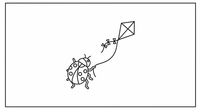 Cute ladybug flying a kite, playful insect character, simple line art, white background