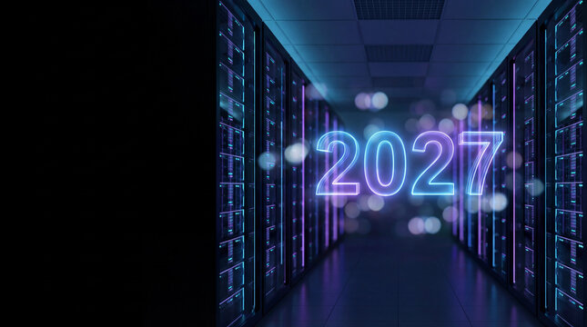 Neon 2027 floating in server room corridor with dark racks blue purple lights for data center cloud computing digital transformation concept for enterprise security hosting future banner